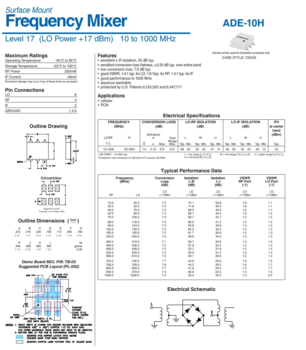 1pcs ADE-10H ADE-10H+ ADE 10H RF Transformer Frequency SMT Double Balanced Mixer Wide bandwidth 400 - 1000MHZ LO Power 17 dBm