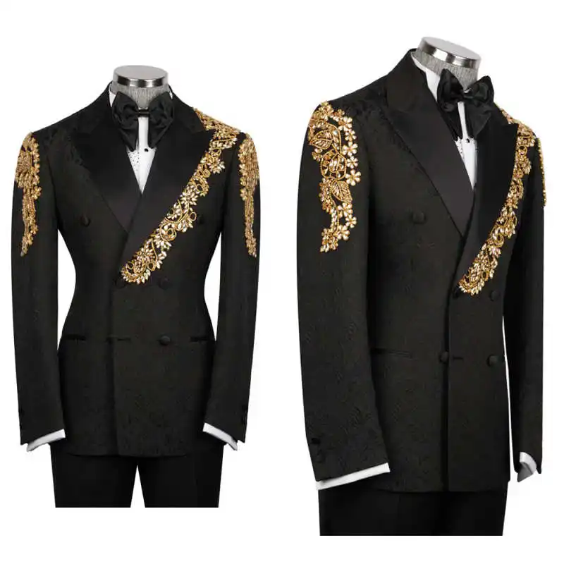 

Luxury Jacquard Men Suits 2 Pieces Jacket Pants Appliques Rhinestones Wedding Tuxedo Groom Prom Party Customized
