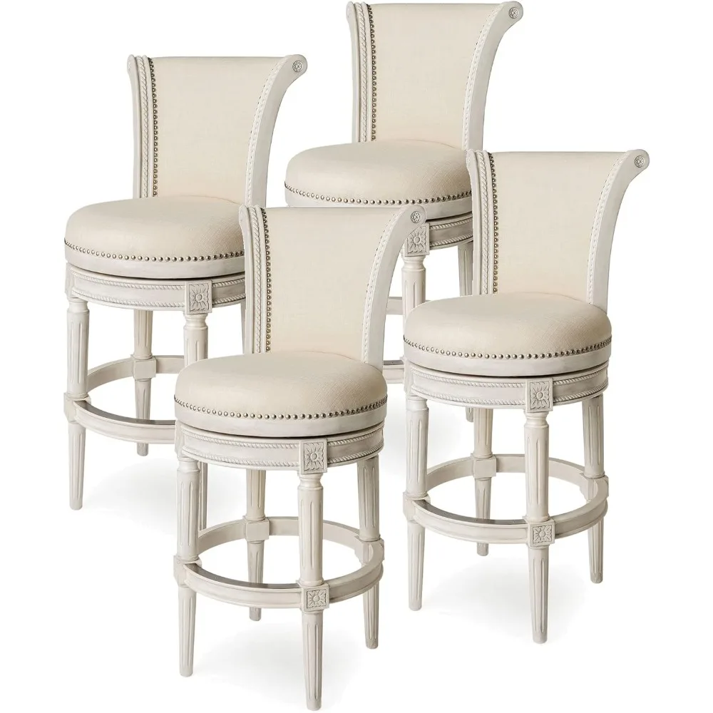 31 Inch Tall Bar Height Upholstered Barstool with Back in White Oak Finish with Natural Color Fabric Cushion Seat, Set of 4