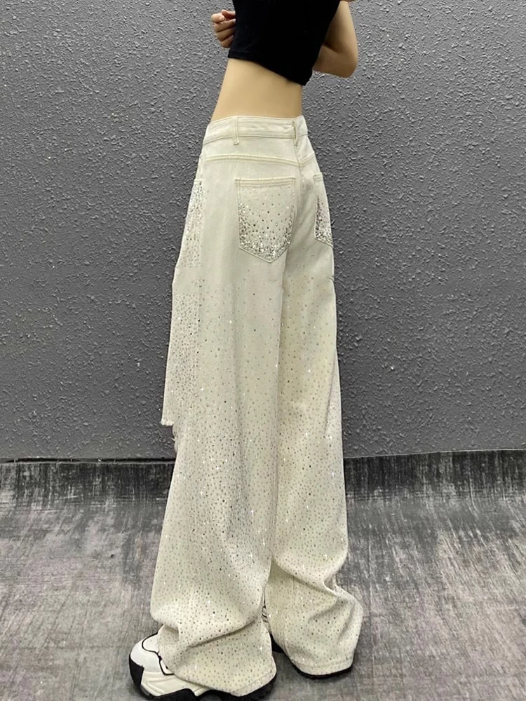 Women's 2025 Summer High Waist Denim Trousers Starry Sky Hot Diamond Hole Jeans Loose Versatile Straight Wide Leg Denim Pants