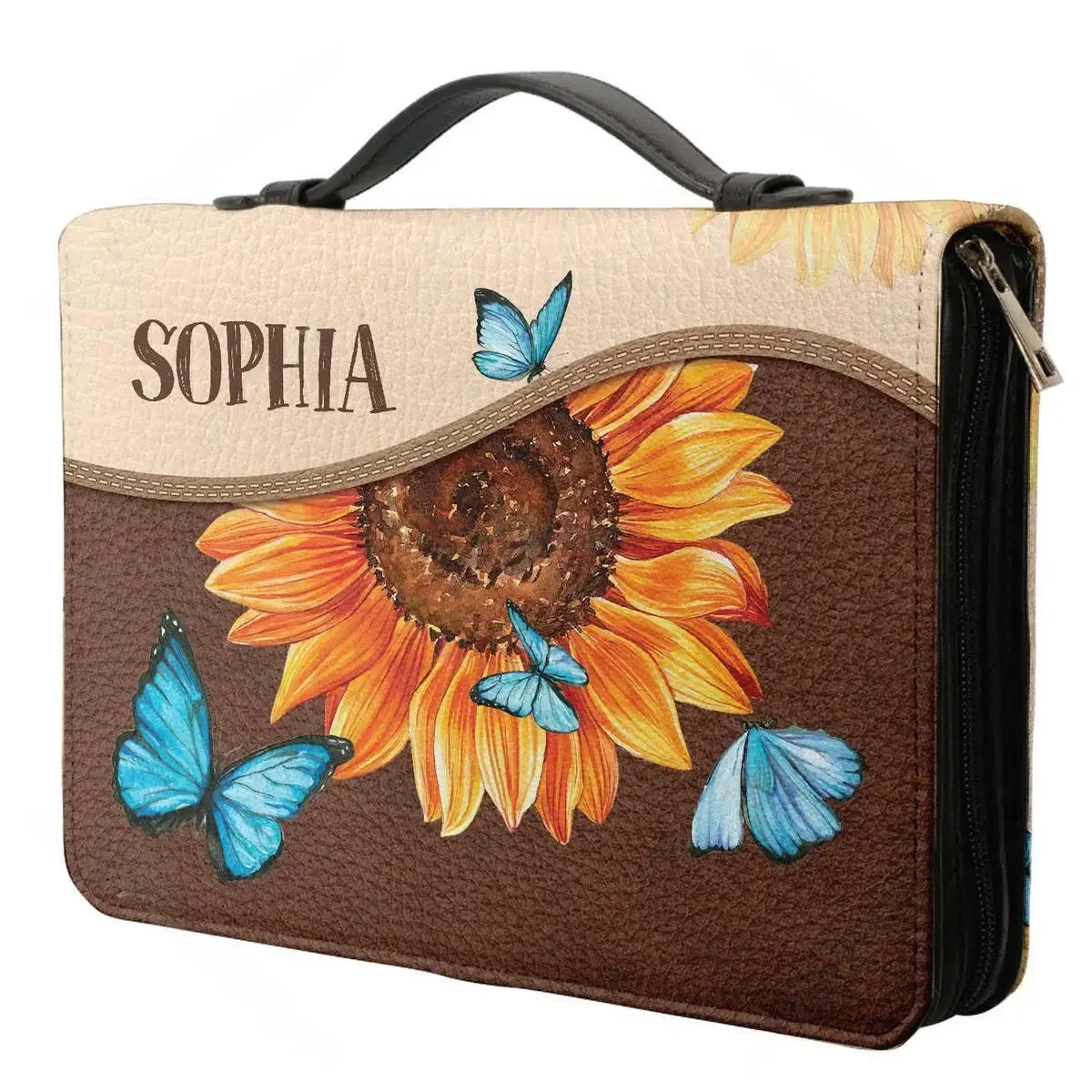 

2024 Women's Personalized Bible Cover Sunflower Butterflies Bible Verse Print Church Bible Bag PU Handbags Holy Storage Boxes
