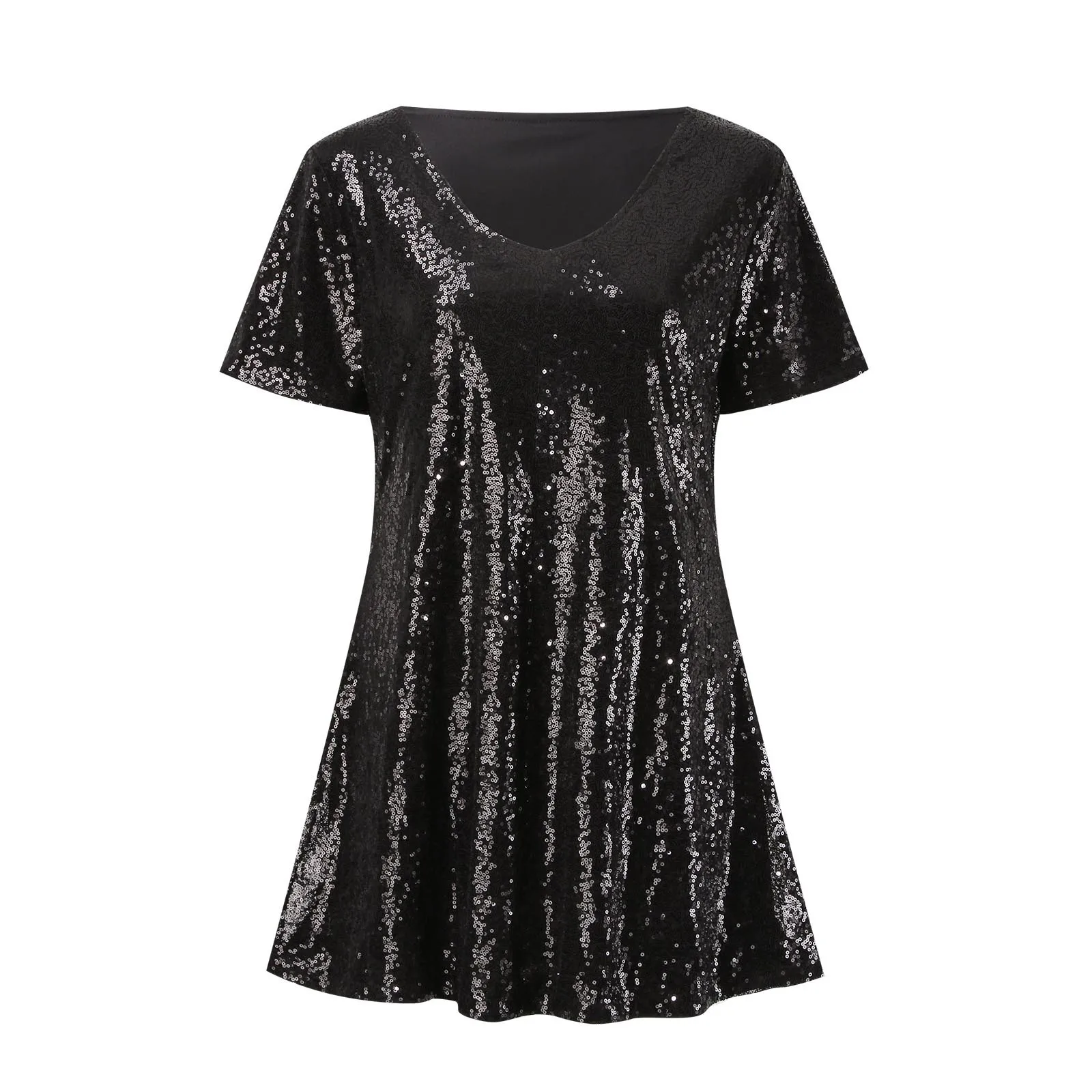 Sequin Dress For Women Casual Loose Sparkly T Shirt Dresses Short Sleeve V Neck Elegant Shiny Short Party Dress Mini Club Wear