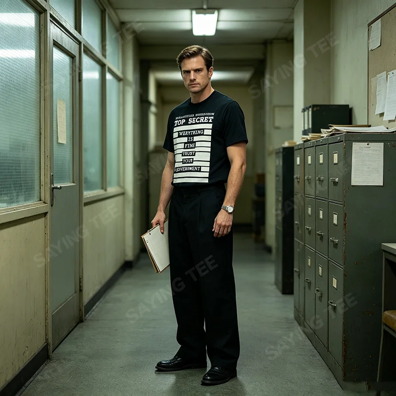 Alles ist in Ordnung, vertrauen Sie Ihrem Regierung, lustiges Herren-T-Shirt „Redacted“ im Y2k-Stil, für alle politischen Skeptiker, Libertarianer, die so sagen: „Y2k Calling All Political Skeptics, Libertarians Saying Tee“ – Detail 5