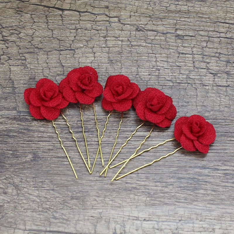 5PCS Red Rose Flower Bridesmaid Hair Pin Clips Sticks Wedding Hairpins For Women Bridal Hair Jewelry