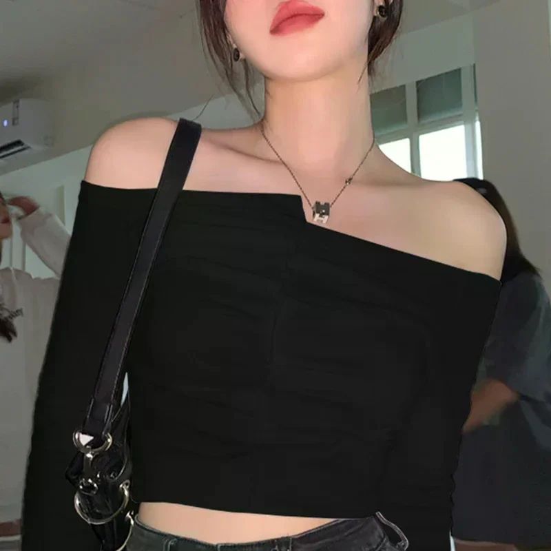 

Autumn Sexy Off-shoulder High Waist Short Bottoming Shirt Women's Long-sleeved T-shirt Design Top