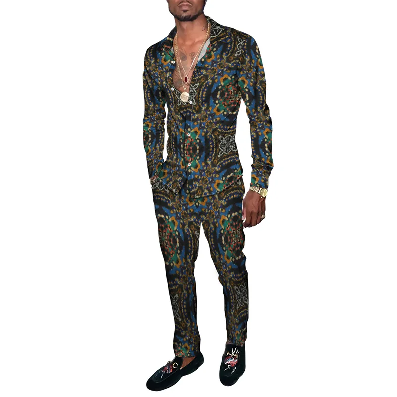 

Осенний этнический стиль в полоску с 3D принтом, мужская одежда в стиле Харадзюку, спортивный костюм, рубашка с длинными рукавами, длинные брюки, комплекты из двух предметов, одежда