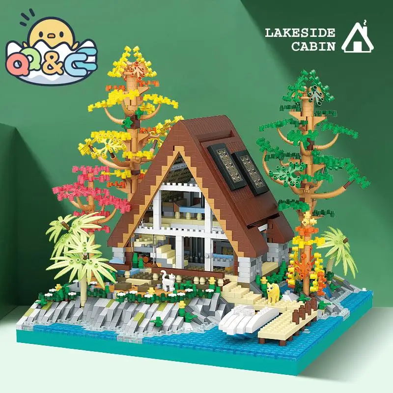 

Lake Island Wooden House Building Micro-Particle Street View Assembly Building Block Puzzle Construction Children Toys for Kids