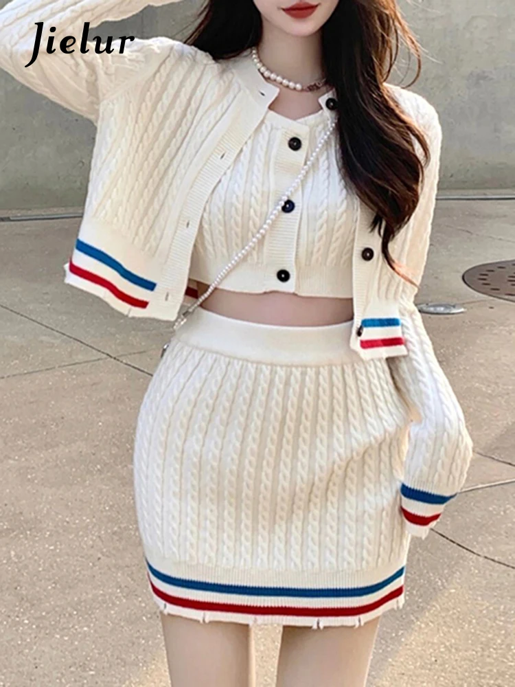 Jielur Sweet Knitted 3 Piece Set Women Elegant Casual Sweater Skirt Set Female Korean Fashion Designer Kawaii Skirt Suit Woman