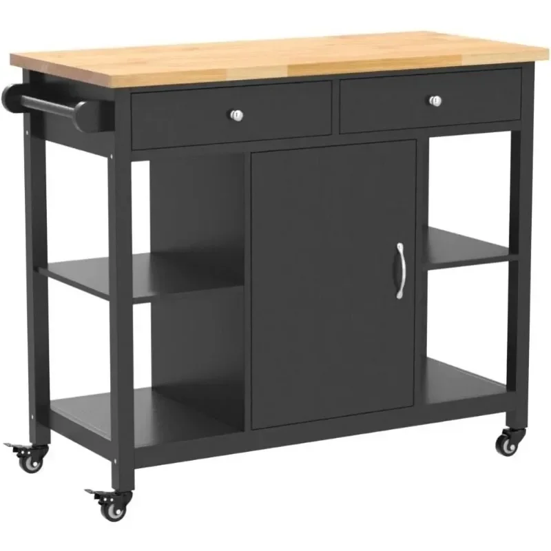 Kitchen Islands on Wheels with Wood Top, Utility Wood Movable Kitchen Cart with Storage and Drawers, Black