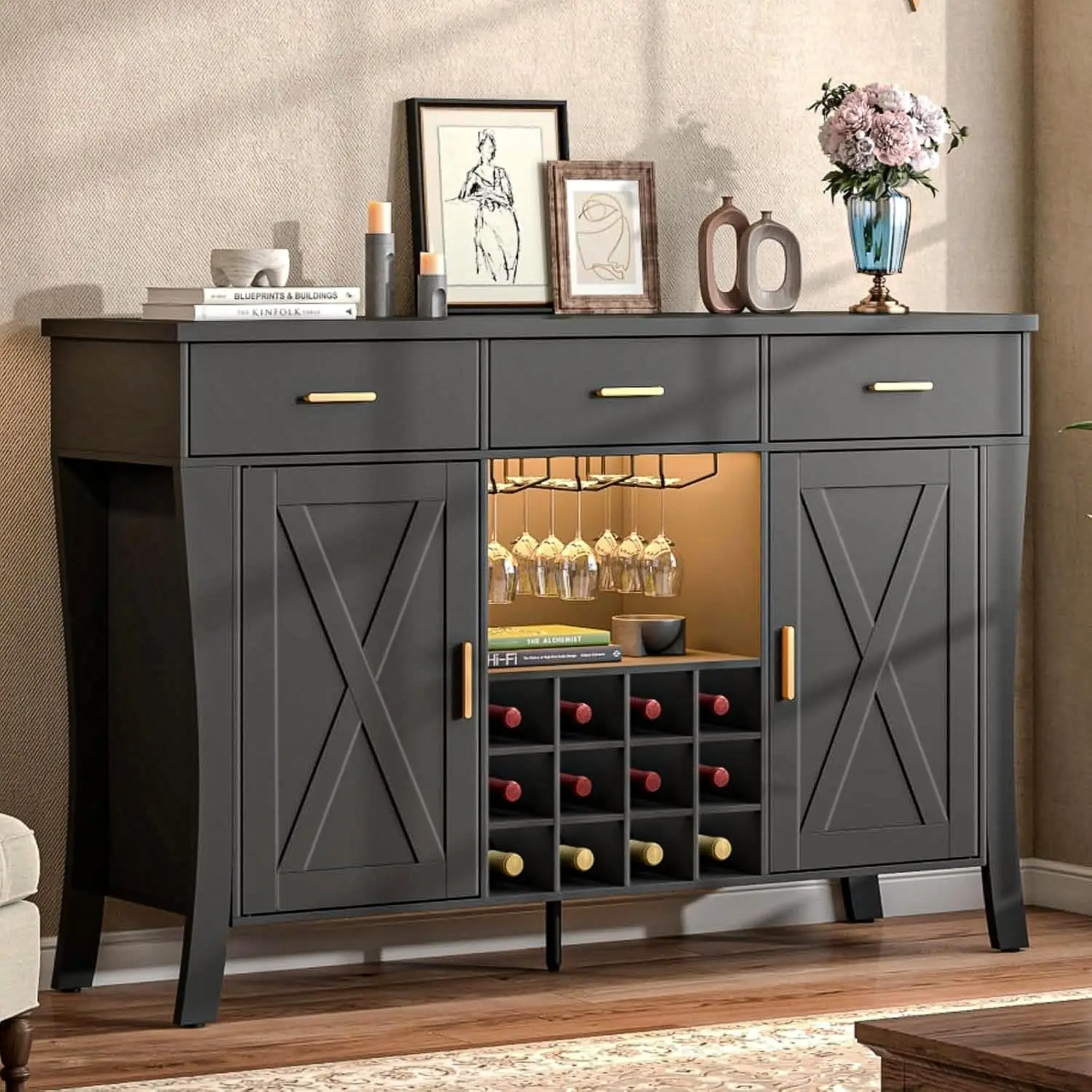Black Bar Cabinet with LED & Glass Rack, Liquor Storage with 3 Drawers, Buffet Sideboard for Kitchen & Living Room, Customized