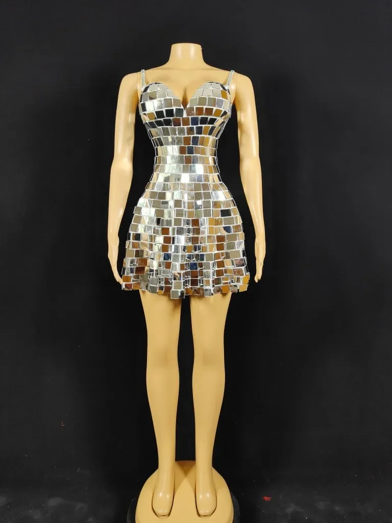 

2025 Gold Silver Mirror Dress Singer Dancer Performance Clothing Women Party Banquet Evening Dresses Drag Queen Costume yj102