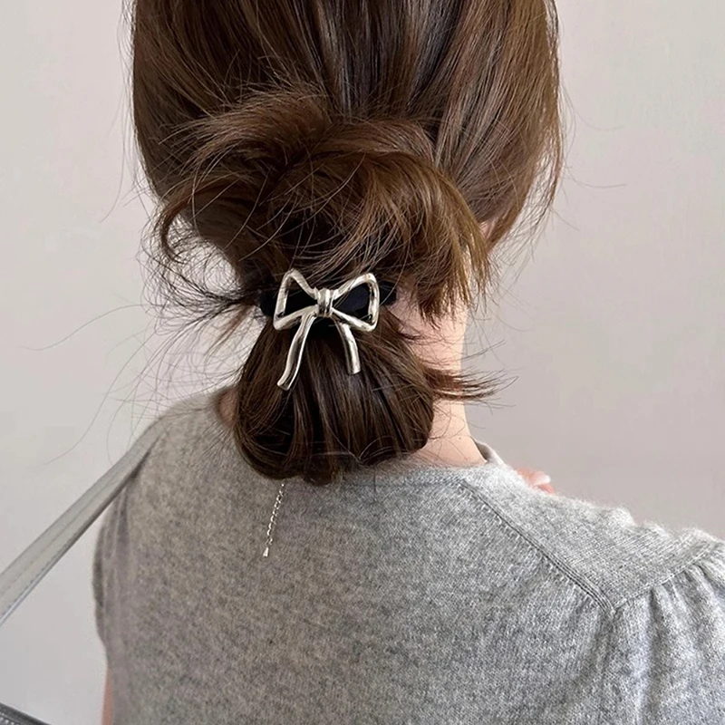 Simple Sweet Hair Tie Alloy Bow Elastic Hair Band Ponytail Holder Hair Ring Fashion Rubber Bands For Women Hair Accessories