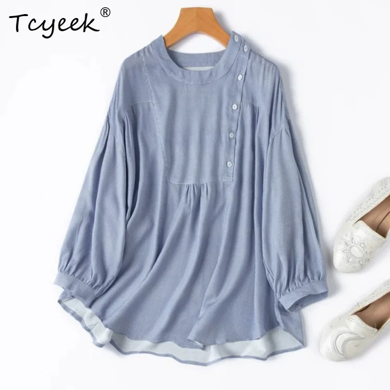 

Tcyeek 50% Real Silk Blouses for Women 2026 Spring Unique Skin-friendly Blue and White Striped Shirt Woman Clothes Chemise Femme
