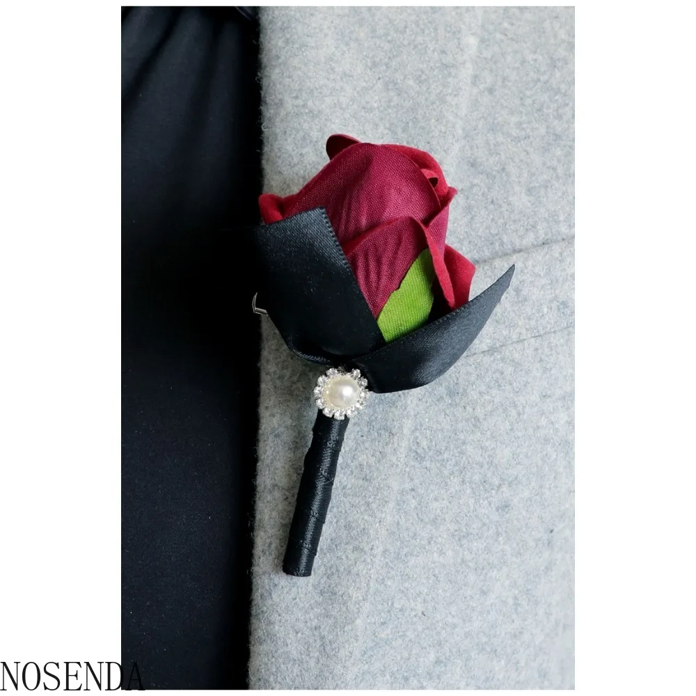 Merah Marun Bunga Mawar Boutonniere Korsase Pernikahan Aksesoris Bunga untuk Pengantin Pria Boutonniere dan Wanita Mutiara Pergelangan Tangan Korsase
