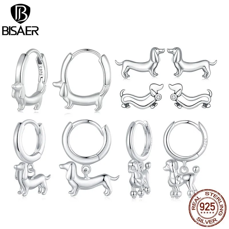 BISAER 925 Sterling Silver Cute Dachshund Ear Buckles Dog Pet Hoop Earrings Platinum Plated for Women Party Fine Jewelry ECE1677