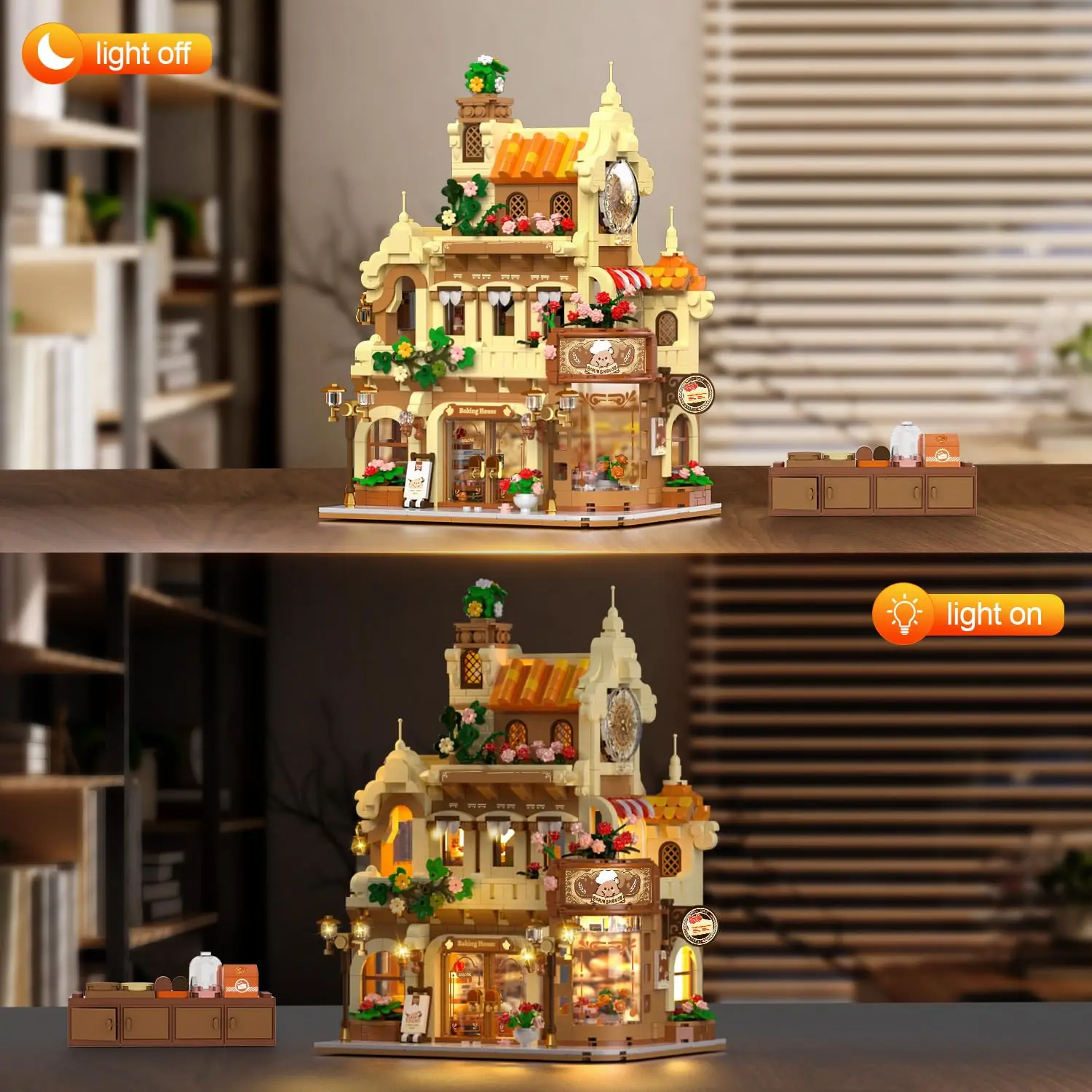 3 Layers Bear Bakery Cafe House City Building Blocks Toy Set LED Lighting Shop 1289pcs Cake Bread Bakery Room for Adults Teens