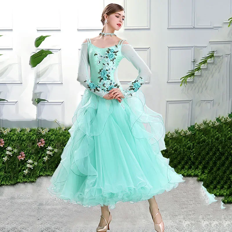 

Green Ballroom Dance Dress Women's Performance Waltz Dancing Clothes Rhinestone Long Sleeves National Standard Modern Dancewear