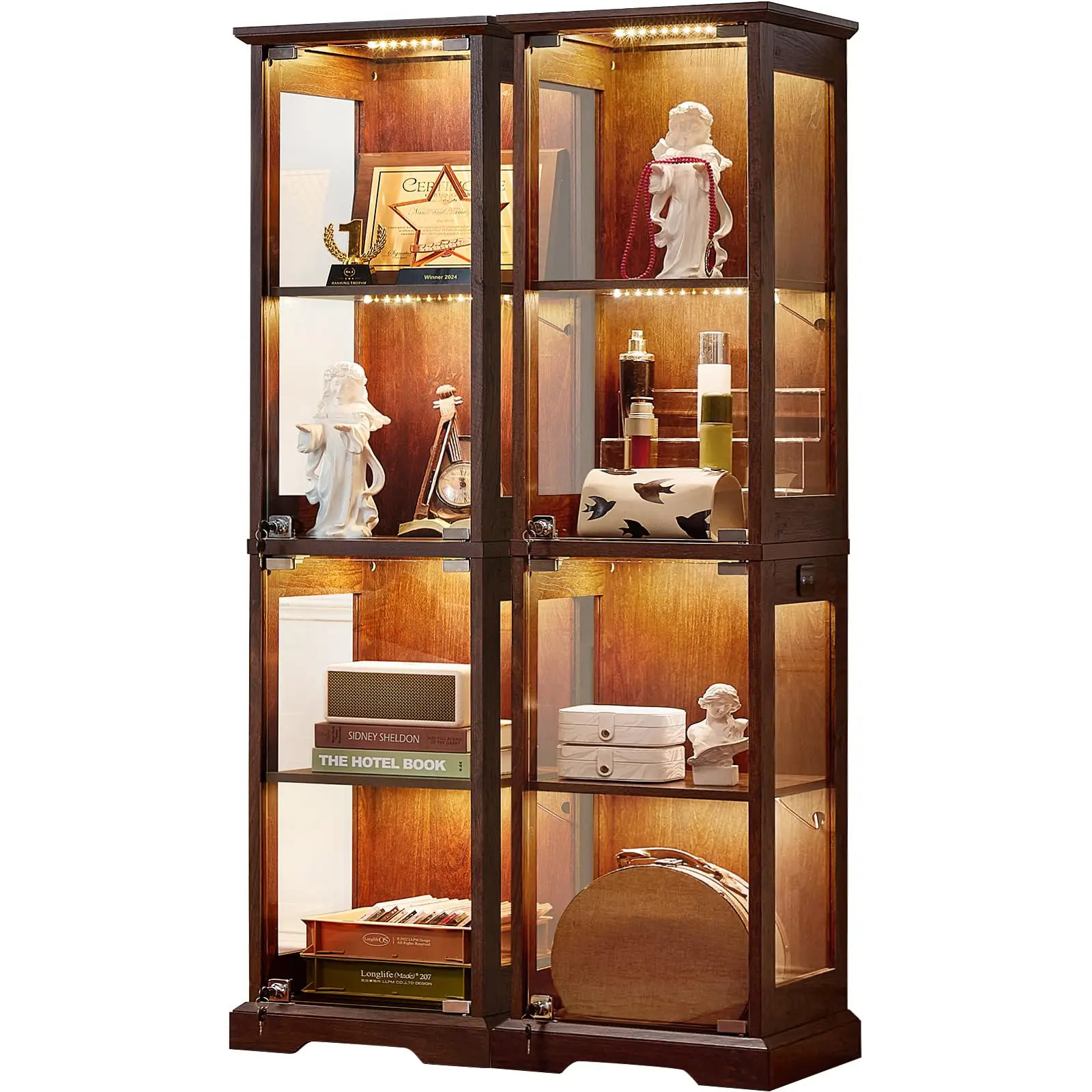 Farmhouse Narrow Glass Display Cabinet with Doors Set of 2 | Wooden Curio Cabinets with 3 Color Motion-Sensor Light &
