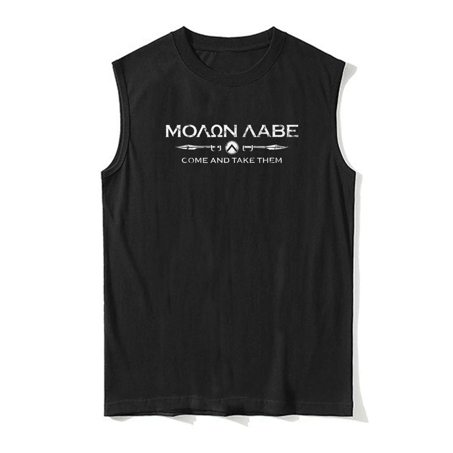 

Мужская футболка без рукавов для тренажерного зала и фитнеса, спартанский меч, щит, майка Molon Labe, 100% хлопок, повседневный жилет с круглым вырезом, уличная одежда в стиле ретро