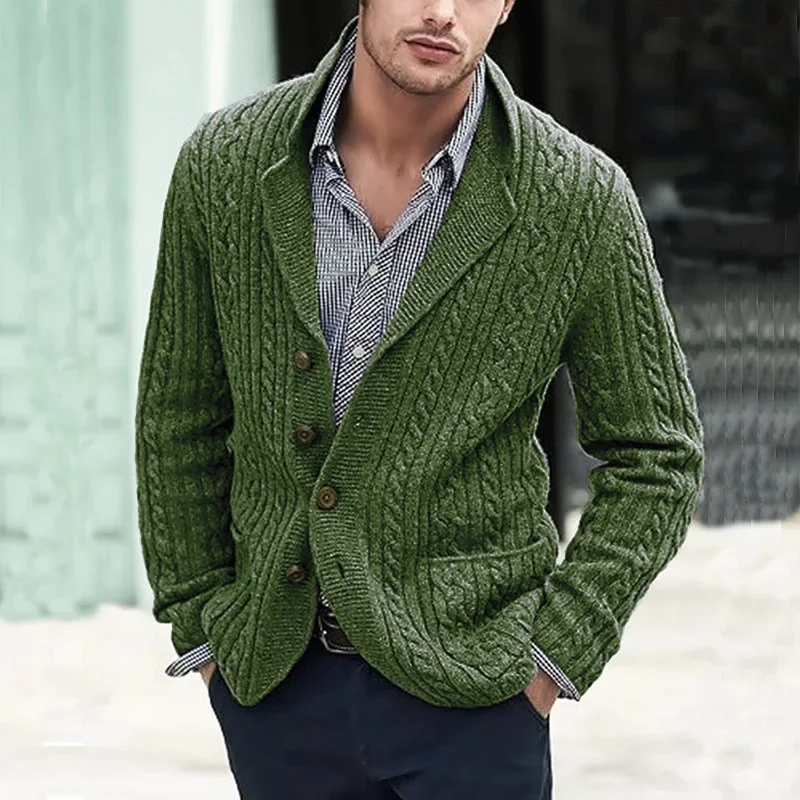 Men's Knitted Cardigan Autumn/Winter Fashion Casual Men's Cardigan Long Sleeve Collar Pocket Twisted Flower Men's Wear