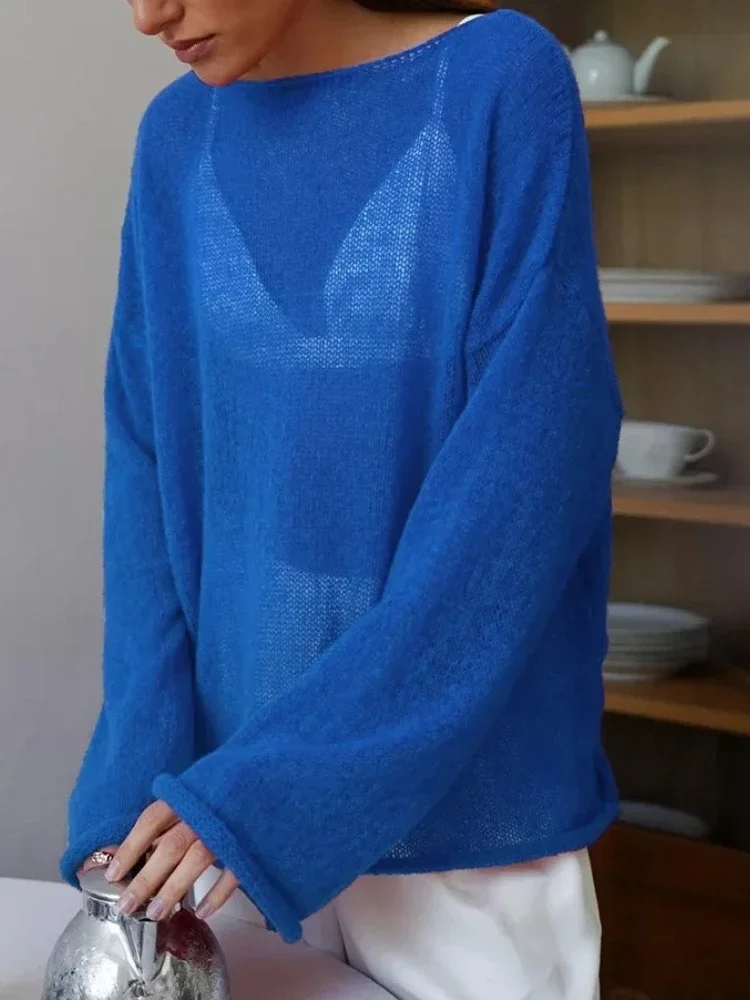 Spring Autumn Women's Hollow Knitted Sweater Pullover Solid See-through O-Neck Long Sleeve Tops T-Shirt Loose Casual Clothing