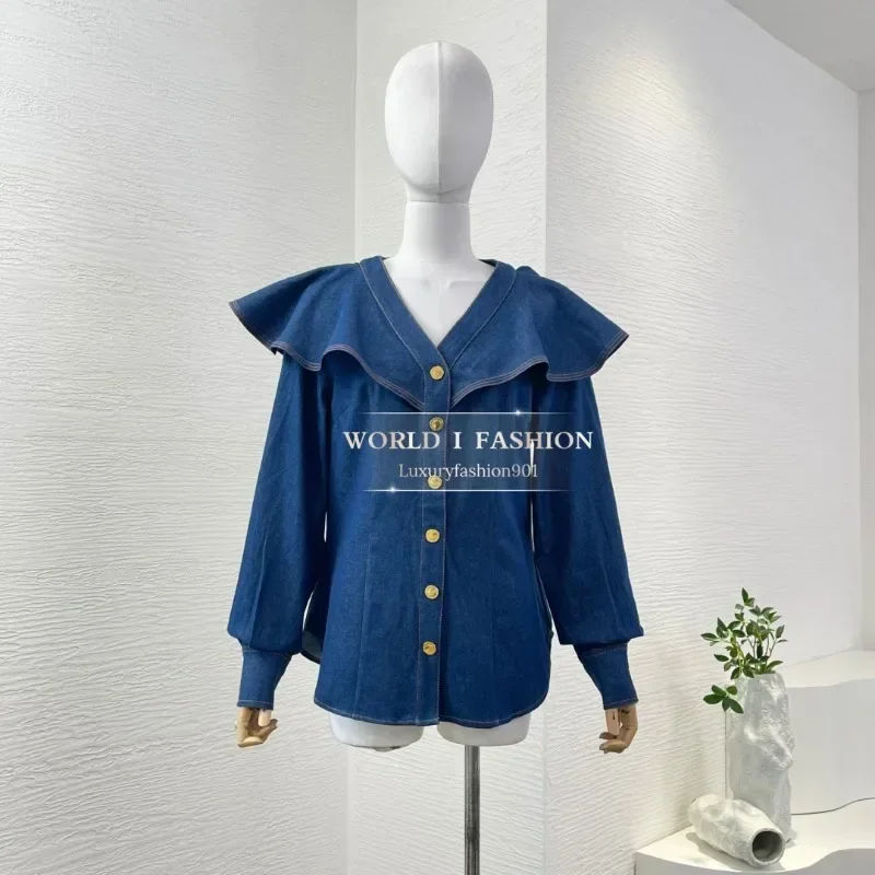 

Navy Blue Denim Jeans Long Sleeve Blouse Tops and Skirt Set 2025 Cotton