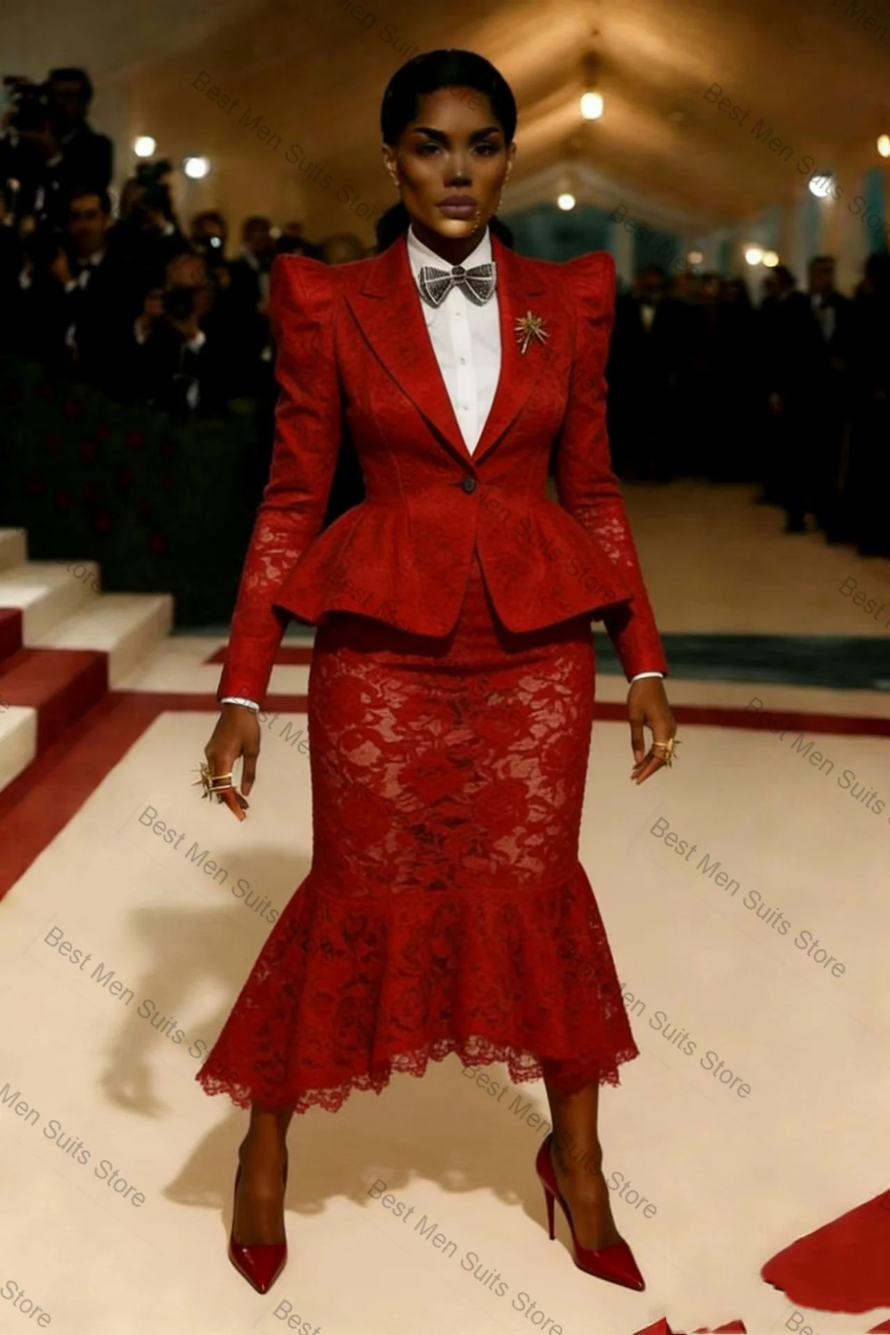 

Red Lace Women Suit Set 2 Pcs Blazer+Prom Dress Midi Skirt Cotton Formal Office Jacket Customized Wedding Tuxedo Guest Coat