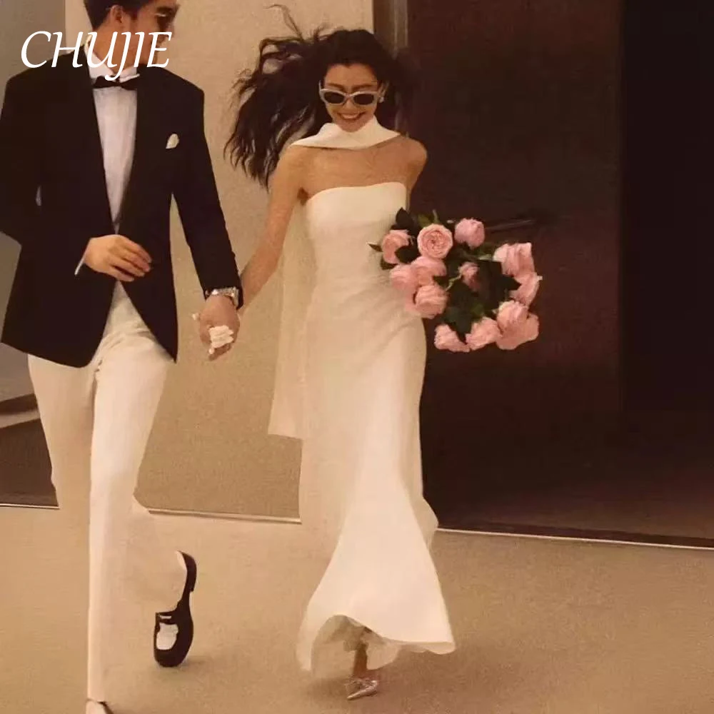 Silk Stain Strapless Wedding DressKorean SStyle Bridal Gowns Customized Shawl Bride Dress Vestido de novia Guest Party Gowns