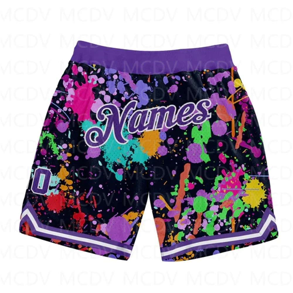 Custom Graffiti Pattern Purple-White 3D Splashes Authentic Basketball 3D All Over Printed Men's Shorts Quick Drying Beach Shorts