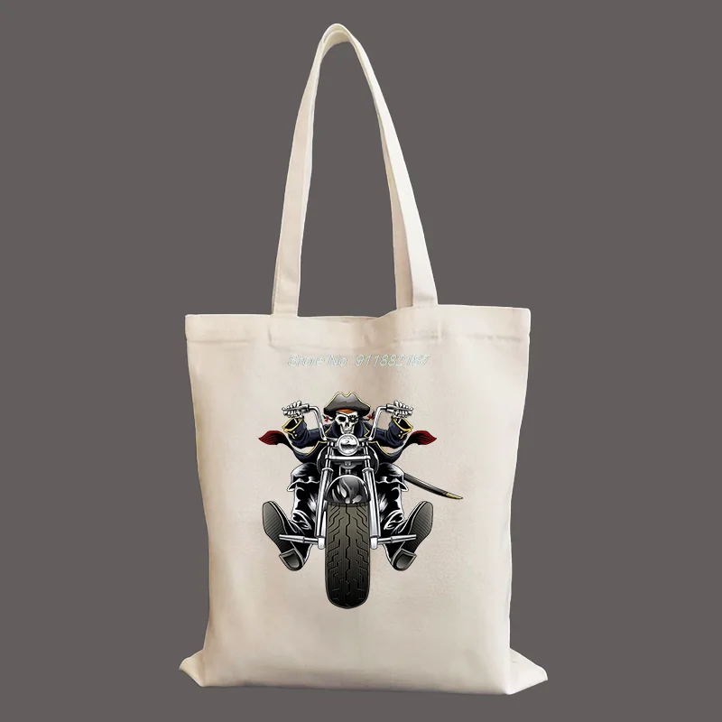 Skull Biker Pirate Motorbike Ride Bike Handbag Animal Canvas Shopping Handbag Bag Kawaii Gothic Art Cartoon Casual Shopping Bag