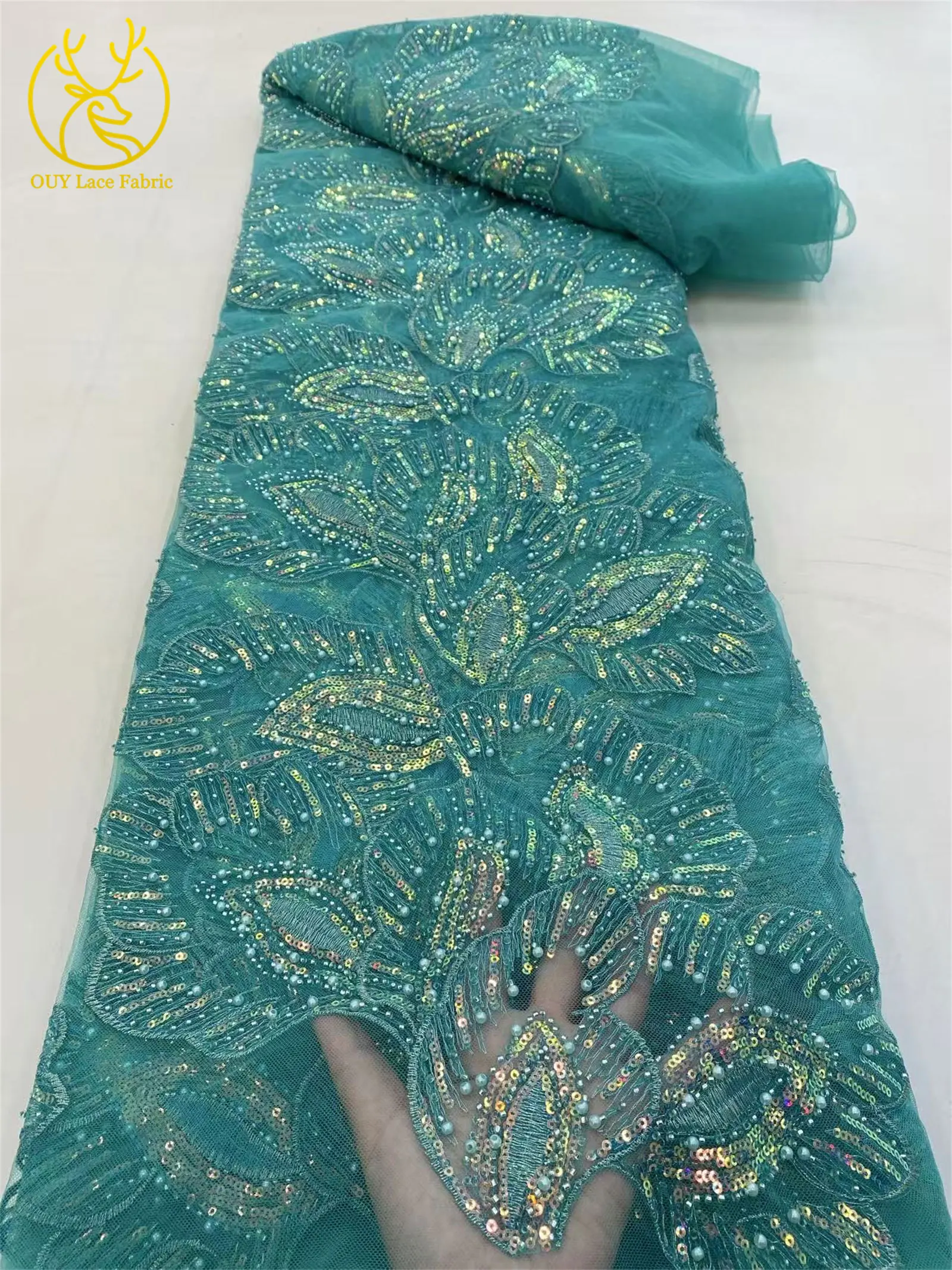 Eleganter afrikanischer Spitzenstoff mit Pailletten und Perlen, 5 Yards hochwertiger französischer Tüll-Spitzenstoff, nigerianischer Spitzenstoff für Braut- und Hochzeitsfeiern zum Nähen – Detail 12