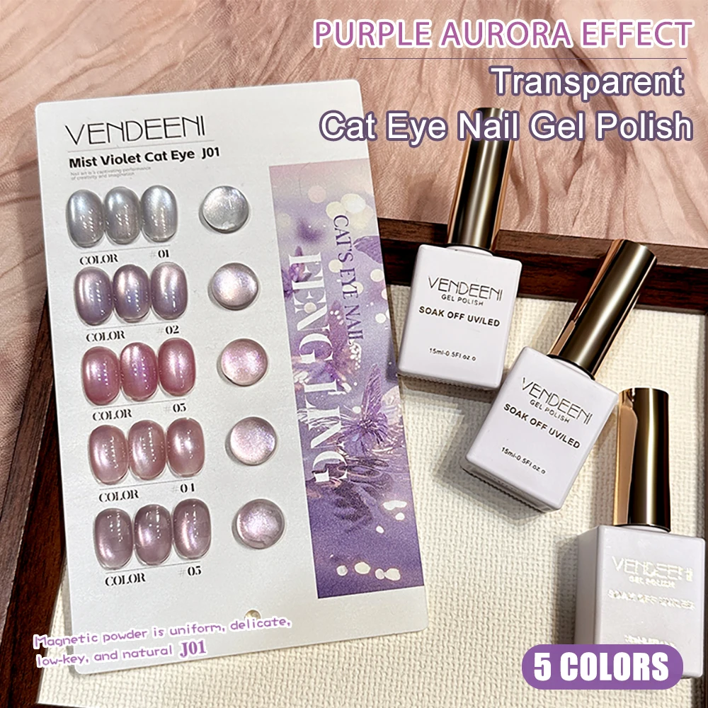 

Vendeeni 5 Colors/set Transparent Purple Cat's Eye Gel Nail Polish UV LED Jelly Crystal Magnetic Nail Varnish With Color Card
