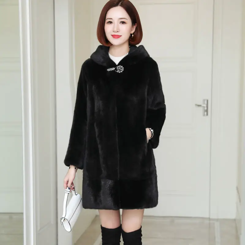 

Черное пальто из искусственного норкового меха с капюшоном, длинная лоскутная меховая куртка с пряжкой из бисера, женские плюшевые пальто, зимний пушистый топ с длинными рукавами