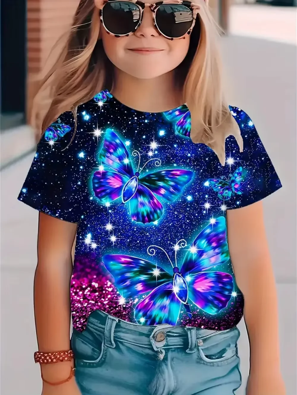 Children's Clothing Girl Clothes Short Sleeve Girl T-Shirt Prety Butterfly Print Kawaii Round Neck Girl Top Kids Summer Clothes