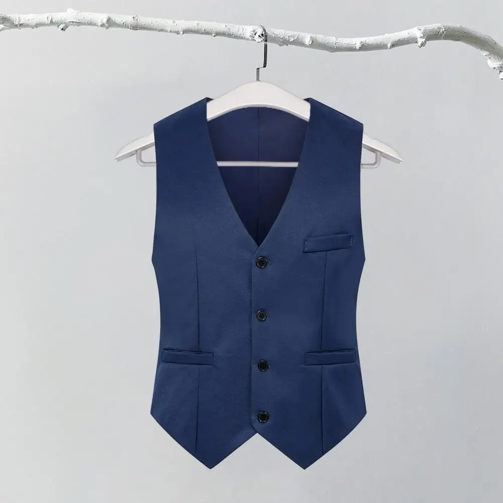 Solid Color Suit Vest Elegant Slim Fit V-neck Men's Suit Vest for Leisure Party Banquet Dress Sleeveless Single for Workwear