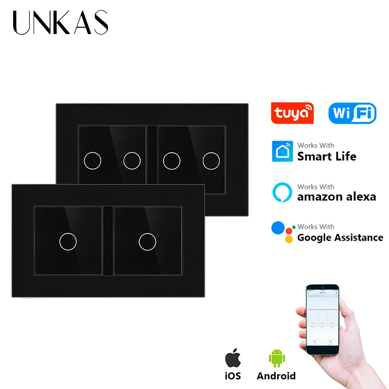 UNKAS Plastic Panel Tuya Wifi Single Fire Line Black Glass Light Switch EU Socket DIY Free Combination PC Smart Home Outlet