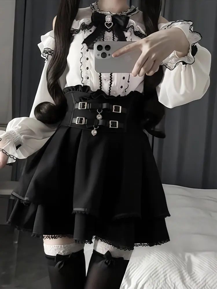 2025 Japanese Kawaii Slim Lolita 2-piece Set Women's Fashion Sweet Bow Lace Long Sleeve Tops Design Hepburn Short Skirt Suit New