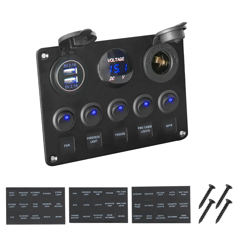 

Waterproof Digital Voltmeter Dual USB Port 12V Outlet Combination Car Marine Boat LED Rocker Switch Panel