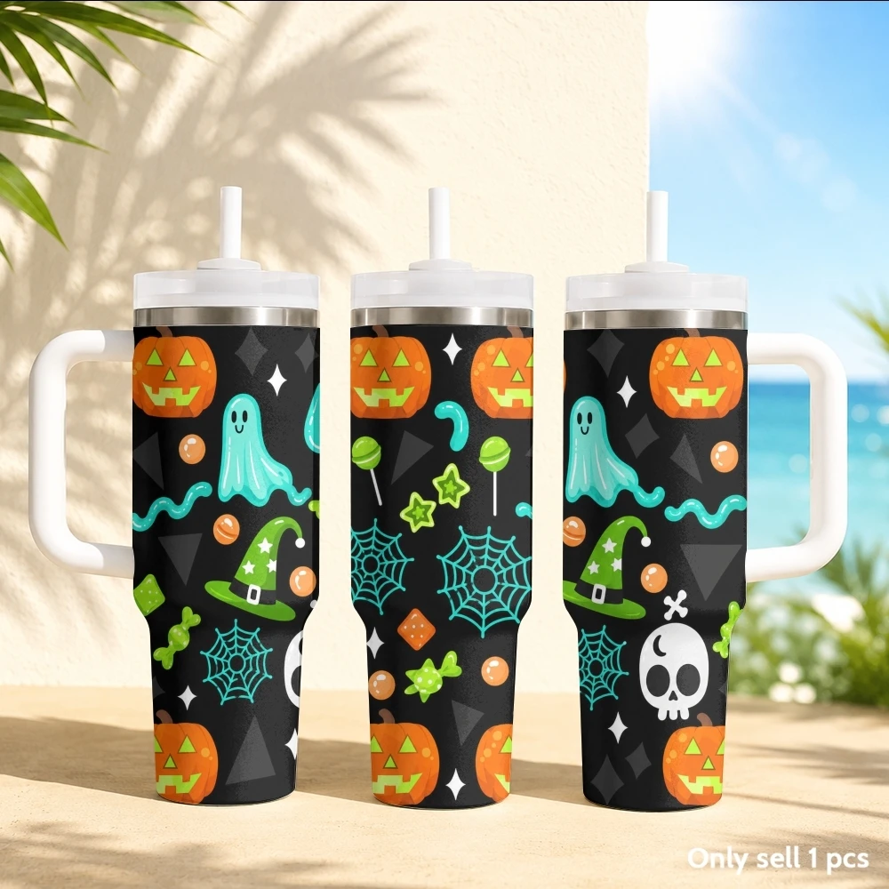 Classic Ghost Pumpkin Print Vacuum Flasks 40oz Stainless Steel Insulated Tumbler with Handle & Straw Leakproof Travel Mug