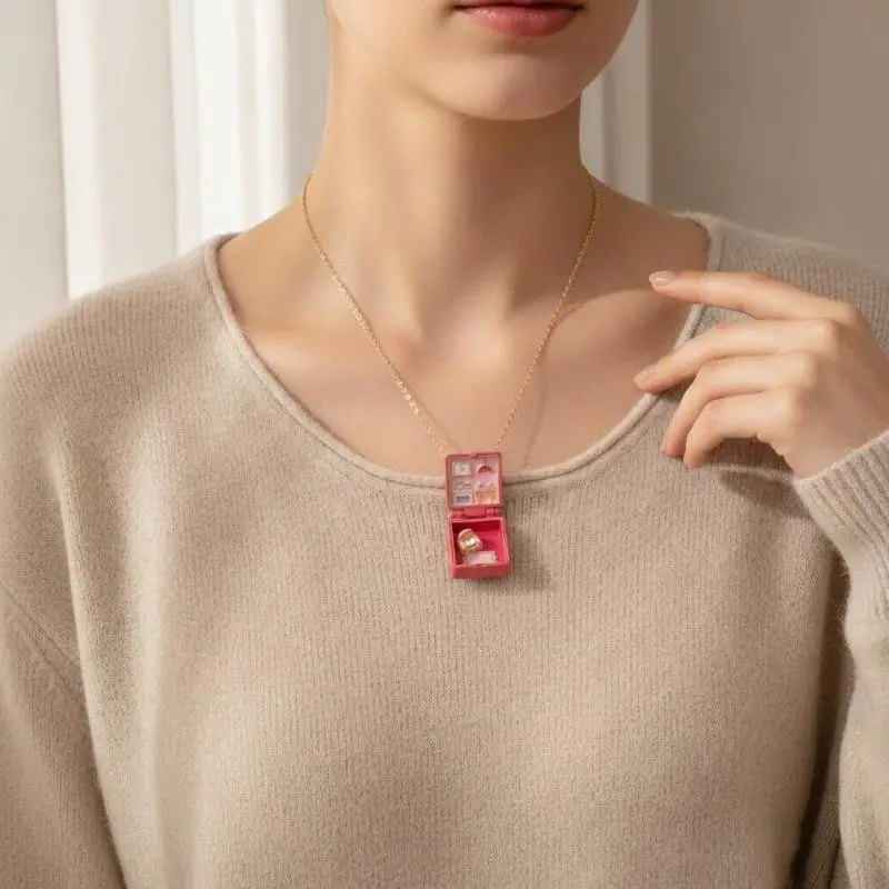 Opening And Closing Square Pendant Necklace New Bedroom Girl's Kitchen Miniature Cabin Scene Necklace Colorful Bow Necklace