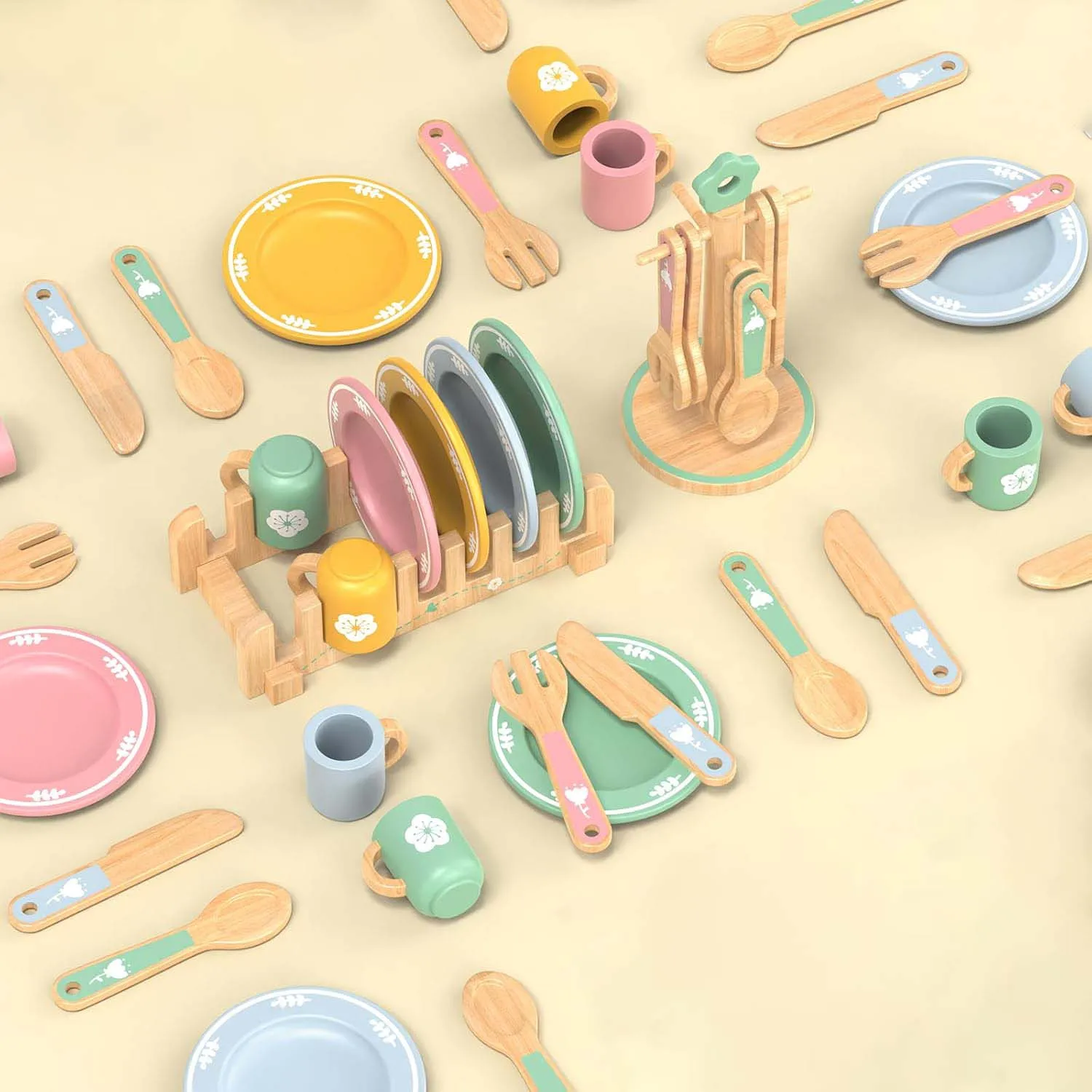 Hölzerne Küche, Rollenspiel-Set, Montessori-Simulationsplatten, Geschirr, Zubehör, Küchenspielset, Spielzeug für Kleinkinder, Geschenke ab 3 Jahren – Detail 7