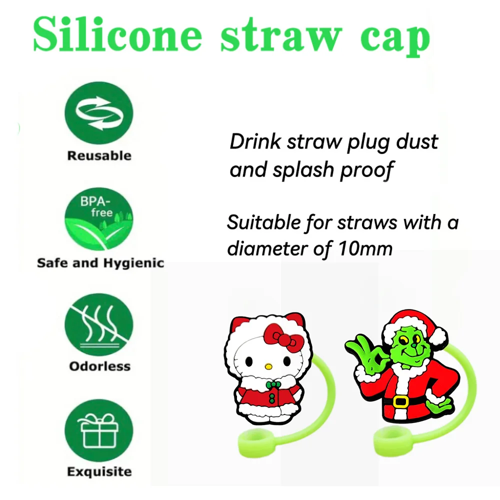 MINISO Sanrio Christmas Straw Cover Cap Cartoon 10MM Drink Straw Plug Reusable Fit Cup Accessories Straw Cap Charms Pendant Gift