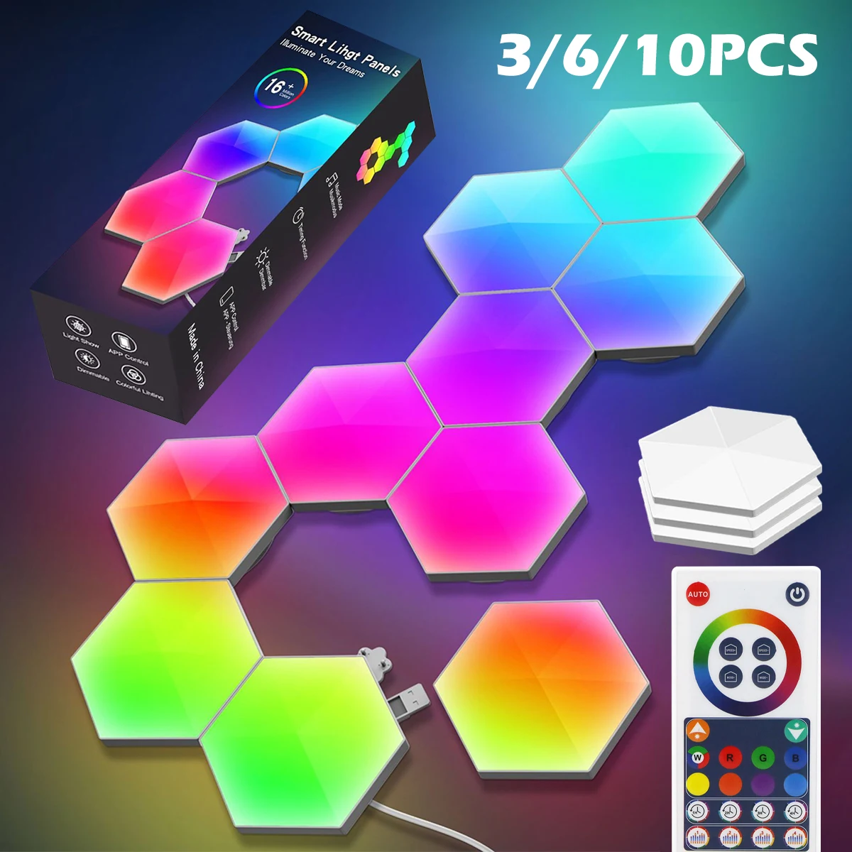 RGB Hexagon Wall Lamp Intelligent Color Change APP Control Music Rhythm Ambient Night Light For Game Room Bedroom Bedside Decor