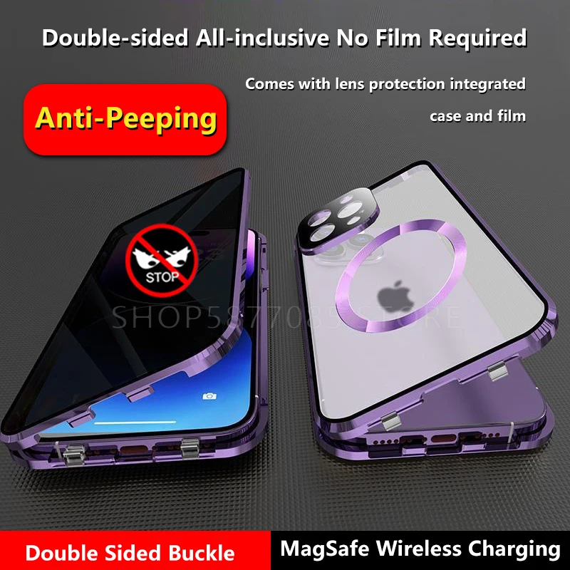 For iPhone 15 14 13 12 Pro Max Anti-Peeping Privacy MagSafe Wireless Charging Double Sided Glass Camera Lens Protect Case Cover