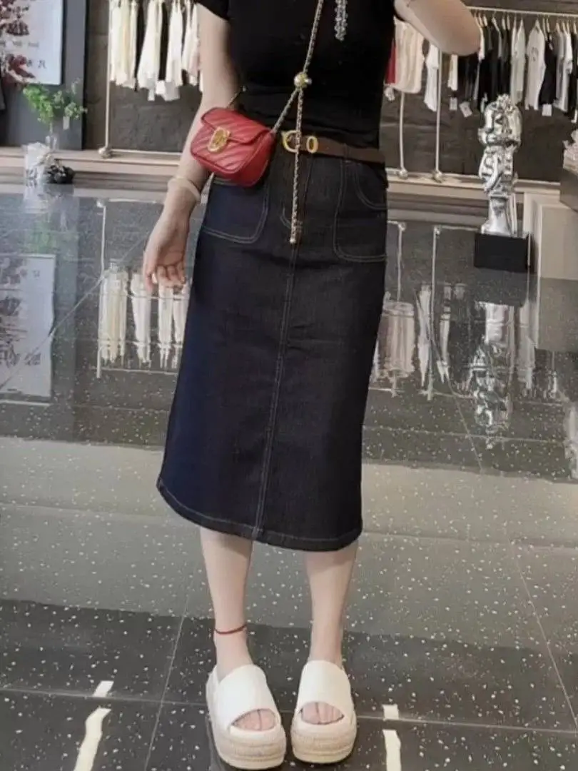 Spring 2026 High Waist Denim  Skirt Deep Blue Back Split Versatile Straight Cut Cotton Casual Women's Fashion Skirt