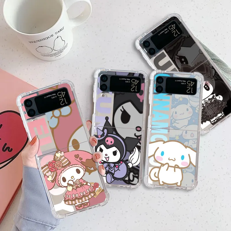 Cinnamoroll Kuromi Airbag Case For Samsung Galaxy Z Flip 4 3 5G Clear PC Hard Phone Cover ZFlip3 ZFlip4 Shockproof Shell