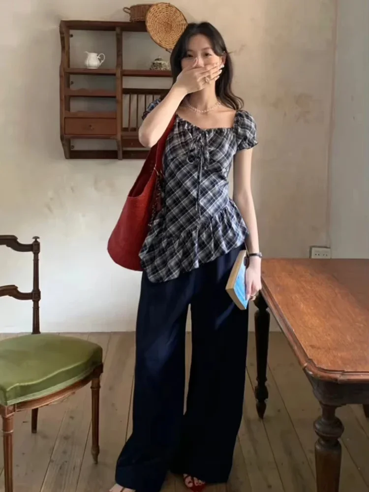 

2025 Women Clothing Plaid Slim Fit Y2k Blouses New Drawstring Slash Neck Vintage Shirts Fashion Summer Irregular Ruffled Blouse
