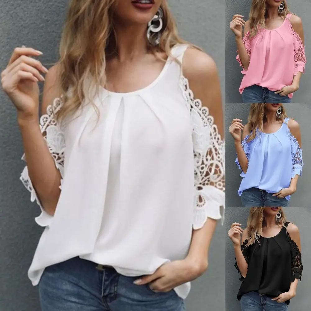 Blusa holgada con manga de encaje para mujer, camisa Sexy de Color puro con cuello redondo y hombros descubiertos, ropa de calle para uso diario, Verano