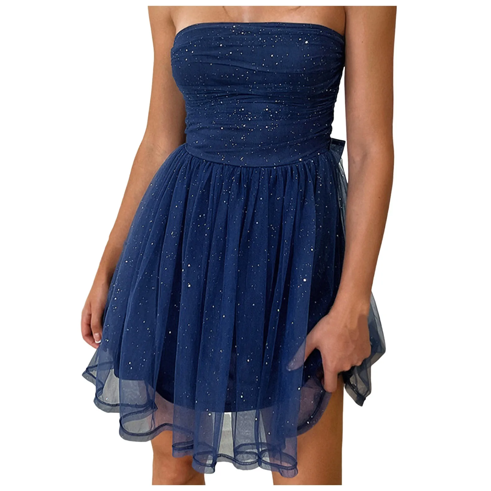 Strapless Smocked Homecoming Dresses For Teens Sparkly Tulle Mini Prom Cocktail Party Gowns With Bow Tuller Evening Formal Dress