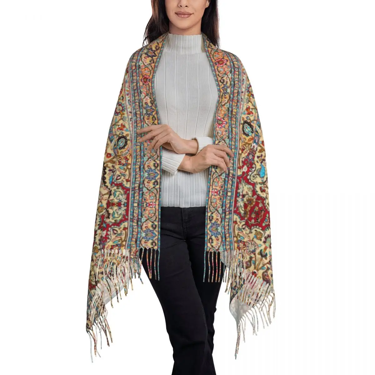 Antique Silk Persian Carpet Scarf Wrap for Women Long Winter Warm Tassel Shawl Unisex Bohemian Turkish Ethnic Kilim Scarves